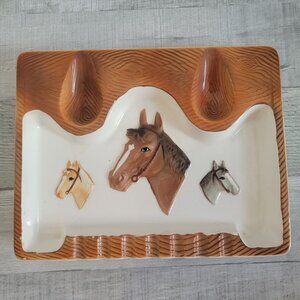 Vintage Ceramic Horse-Themed Ashtray Hand-Painted 8.5" x 7" Collectible